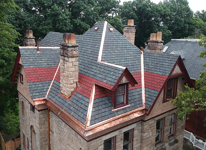 Custom copper gutters installed on a Pittsburgh roof